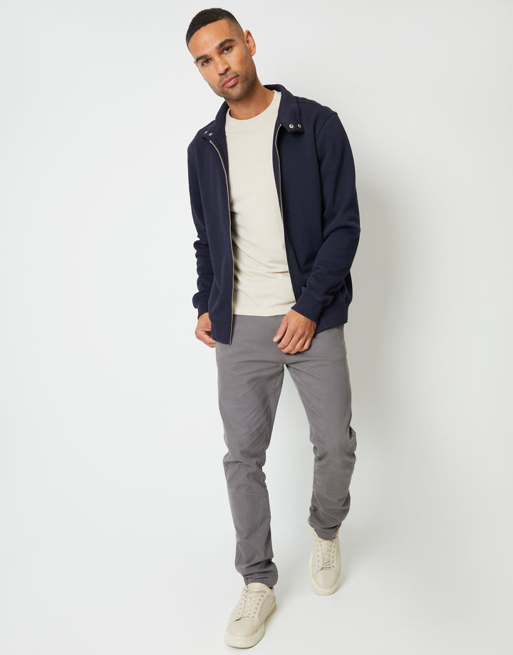 Navy Pique Zip Up Popper Collar Sweatshirt