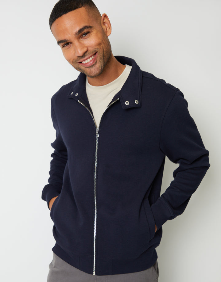 Navy Pique Zip Up Popper Collar Sweatshirt