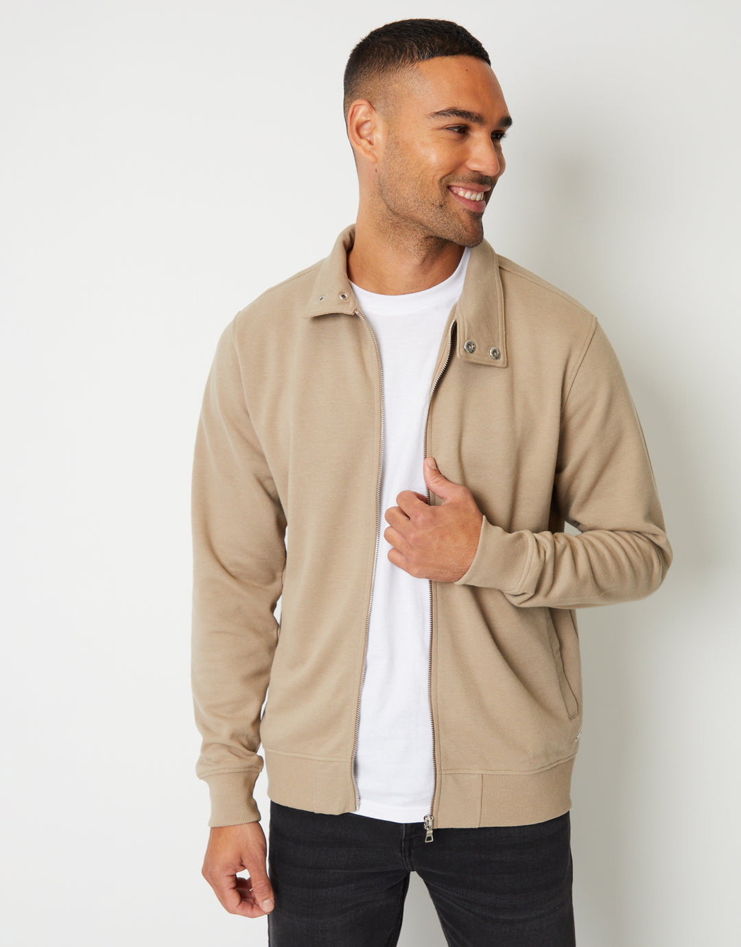 Stone Pique Zip Up Popper Collar Sweatshirt