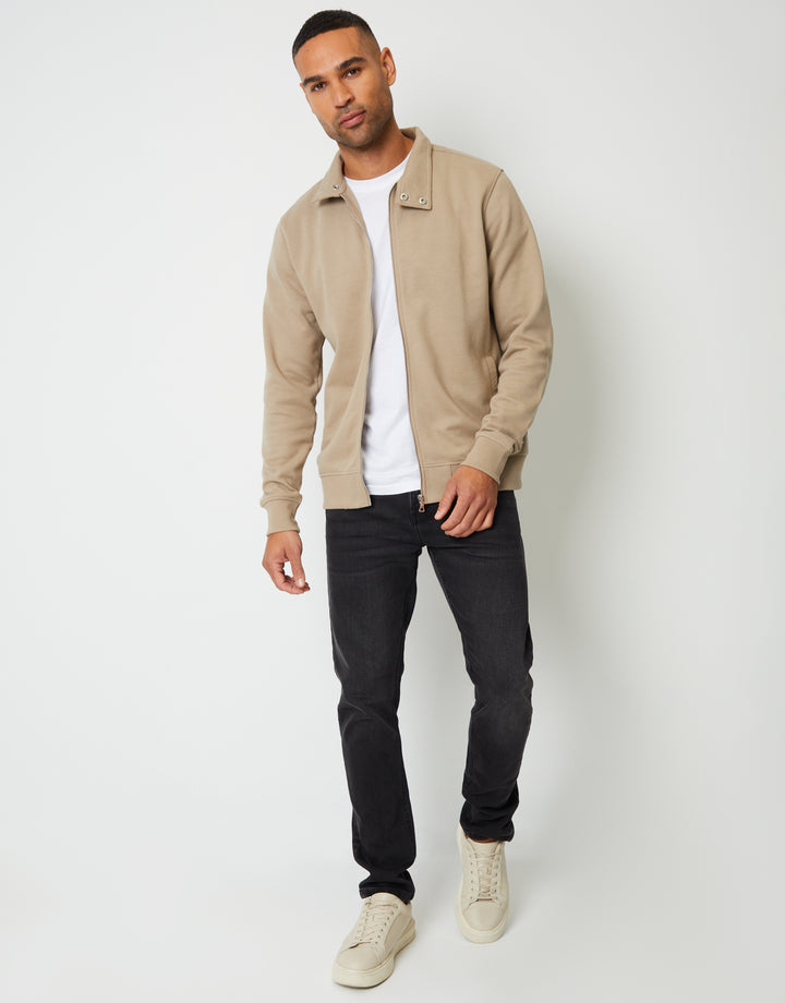 Stone Pique Zip Up Popper Collar Sweatshirt