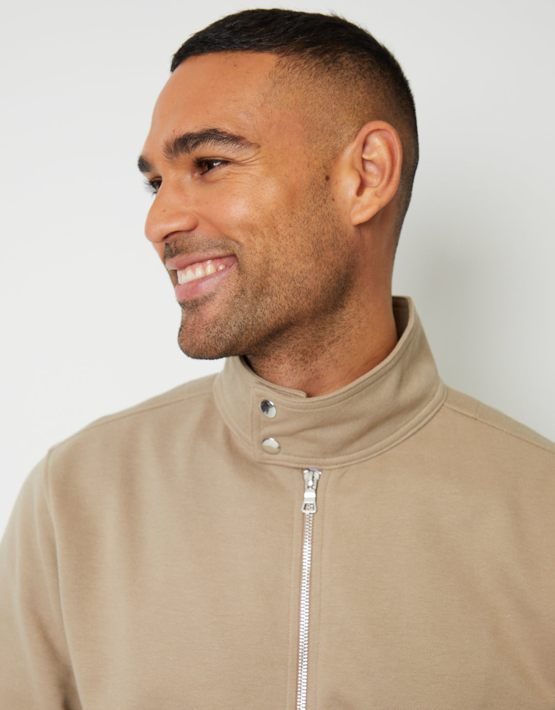Stone Pique Zip Up Popper Collar Sweatshirt