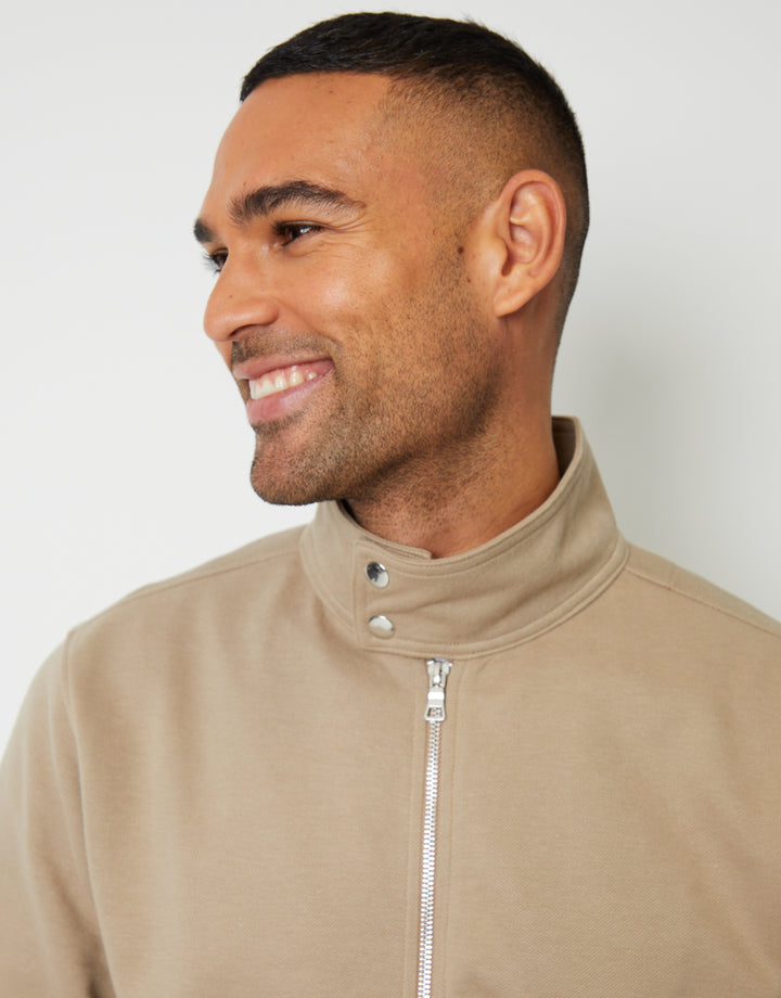 Stone Pique Zip Up Popper Collar Sweatshirt