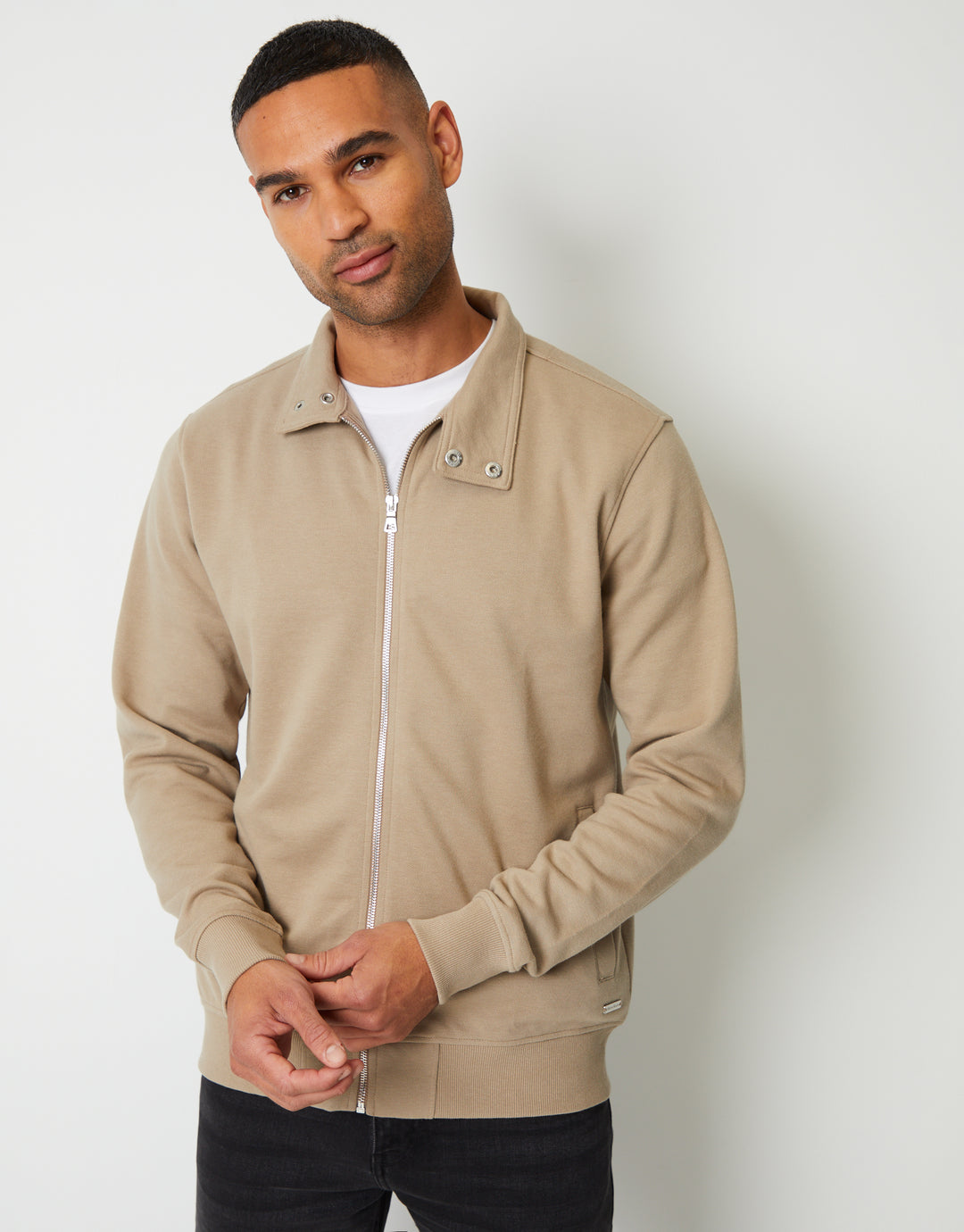 Stone Pique Zip Up Popper Collar Sweatshirt