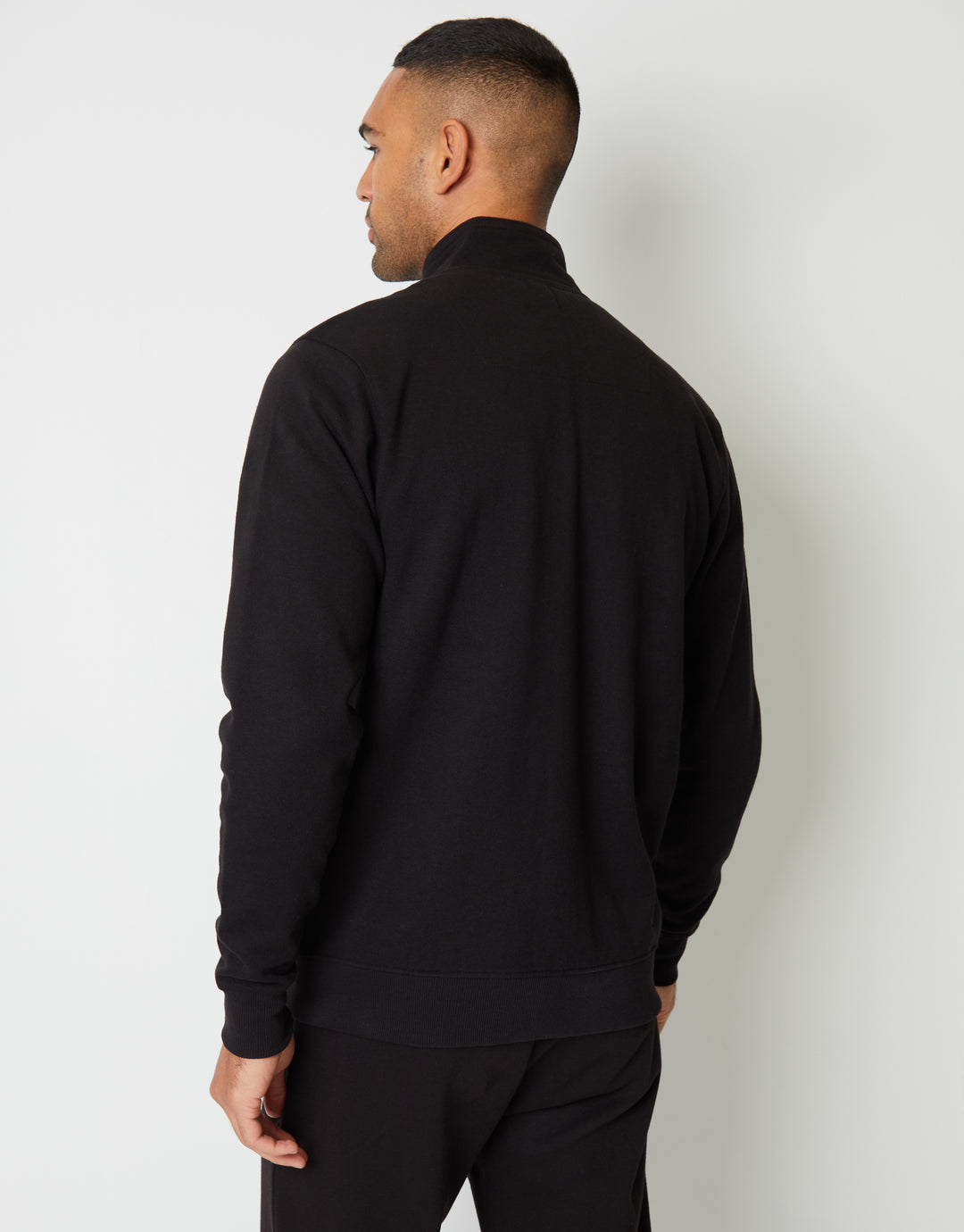 Black Pique Zip Up Popper Collar Sweatshirt