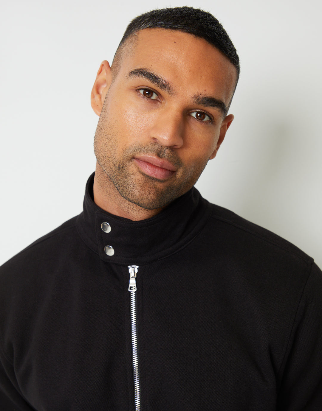 Black Pique Zip Up Popper Collar Sweatshirt