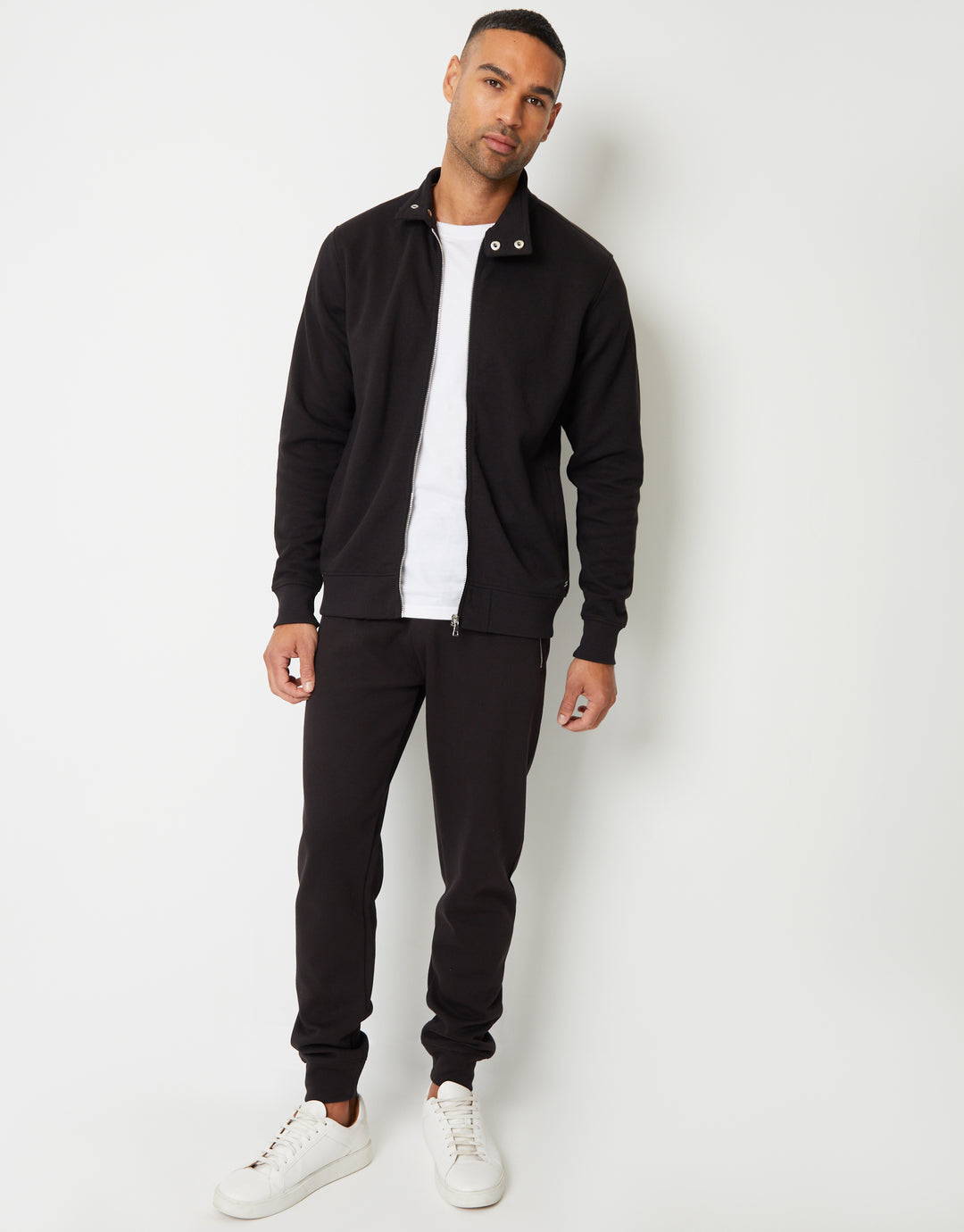 Black Pique Zip Up Popper Collar Sweatshirt
