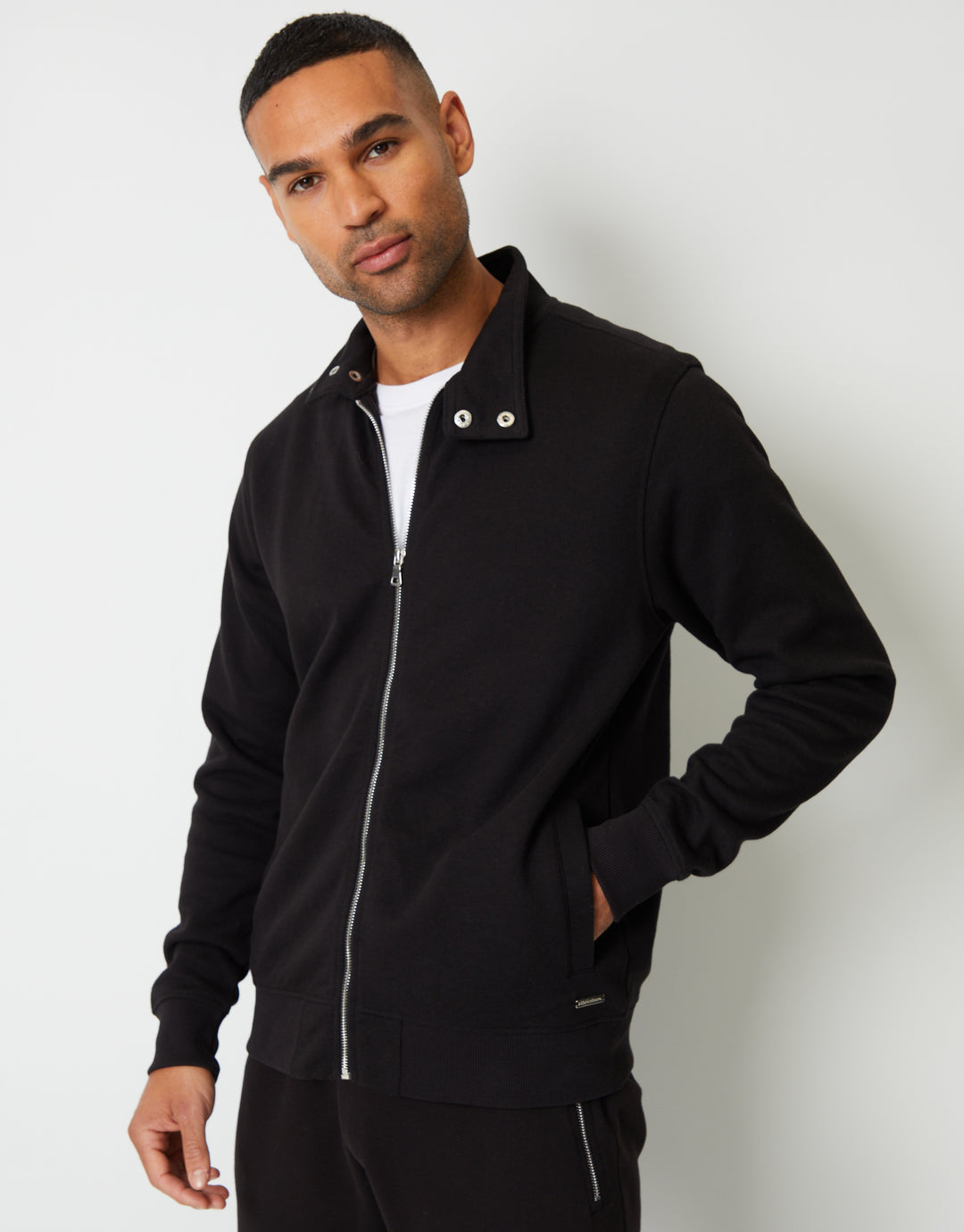 Black Pique Zip Up Popper Collar Sweatshirt
