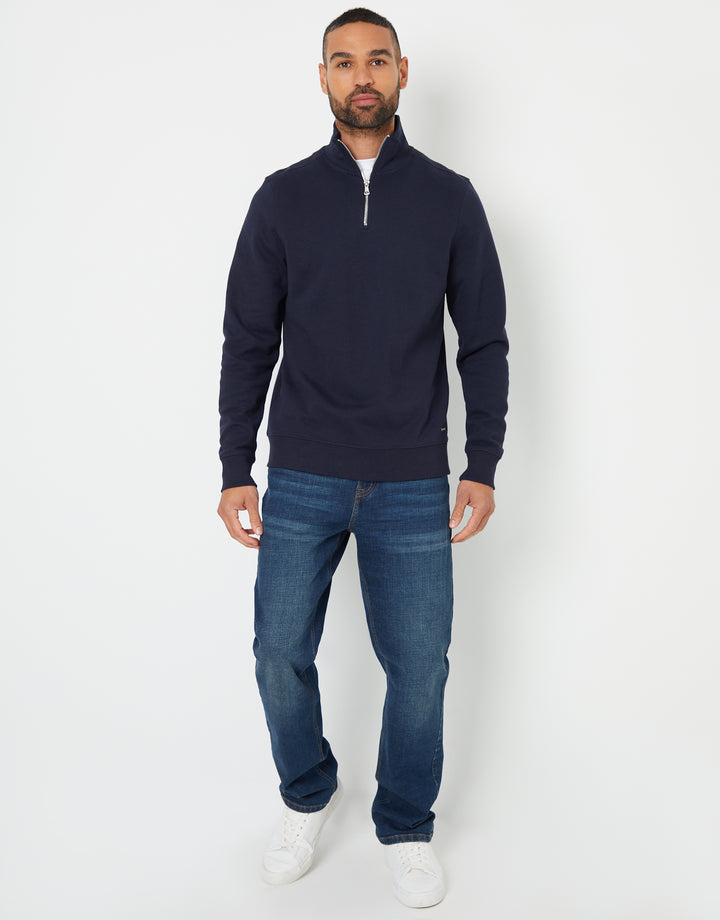 Navy Pique Quarter Zip Funnel Neck Sweatshirt