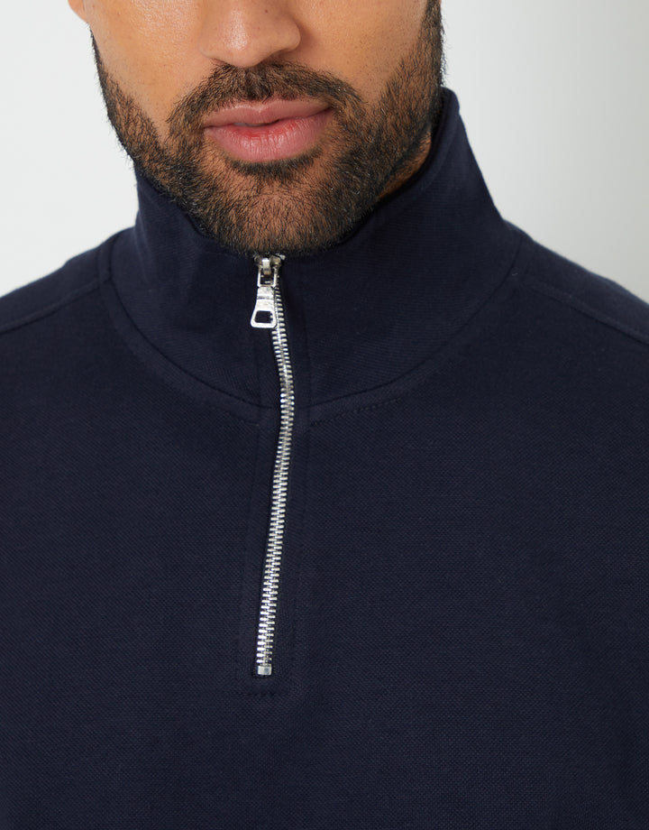 Navy Pique Quarter Zip Funnel Neck Sweatshirt