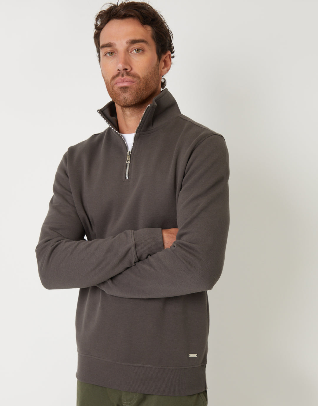 Grey Pique Quarter Zip Funnel Neck Sweatshirt