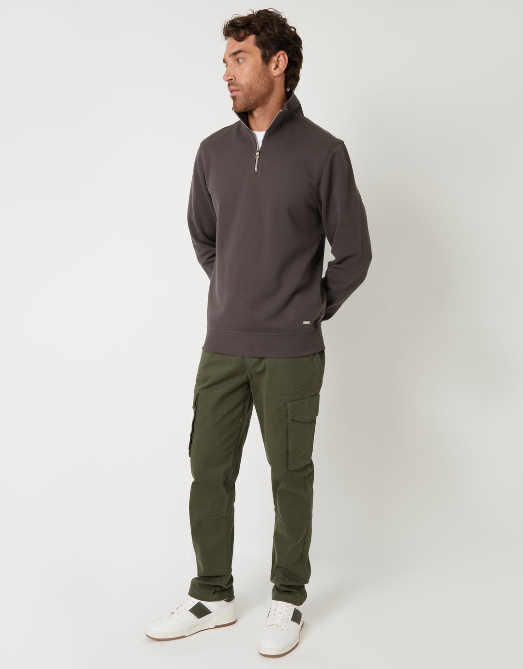 Grey Pique Quarter Zip Funnel Neck Sweatshirt