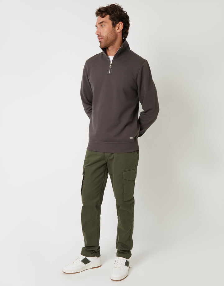 Grey Pique Quarter Zip Funnel Neck Sweatshirt