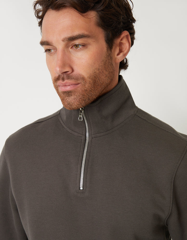 Grey Pique Quarter Zip Funnel Neck Sweatshirt
