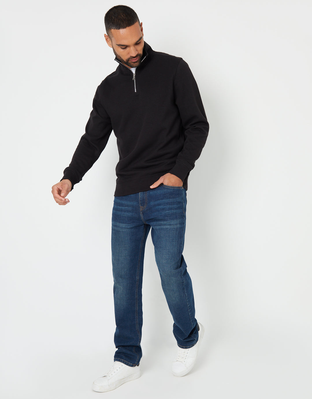 Black Pique Quarter Zip Funnel Neck Sweatshirt