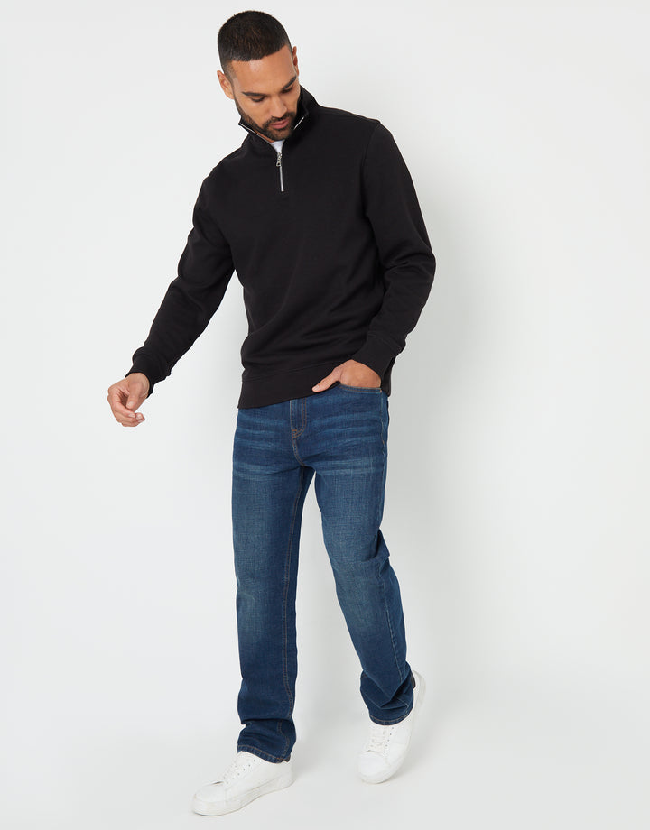 Black Pique Quarter Zip Funnel Neck Sweatshirt