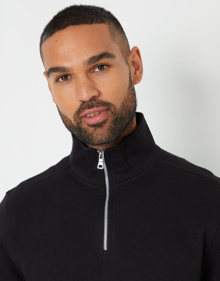 Black Pique Quarter Zip Funnel Neck Sweatshirt