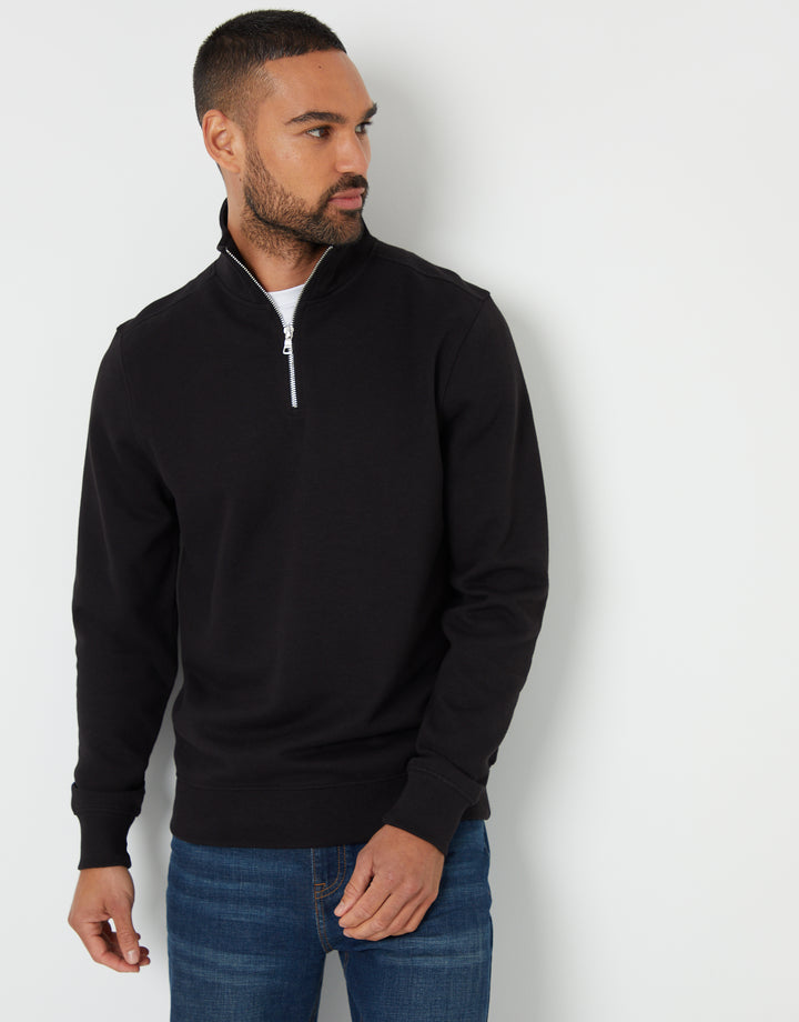 Black Pique Quarter Zip Funnel Neck Sweatshirt