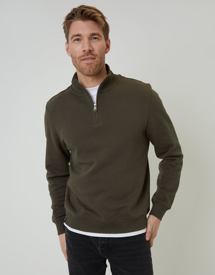 Khaki Green Mock T-Shirt Quarter Zip Sweatshirt