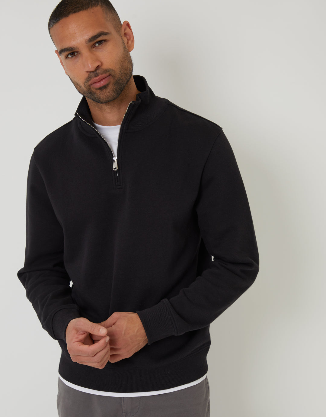 Threadbare Mock T-Shirt Quarter Zip Sweatshirt in Black - front view