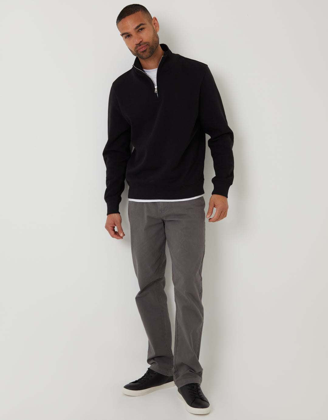 Threadbare Mock T-Shirt Quarter Zip Sweatshirt in Black - full body