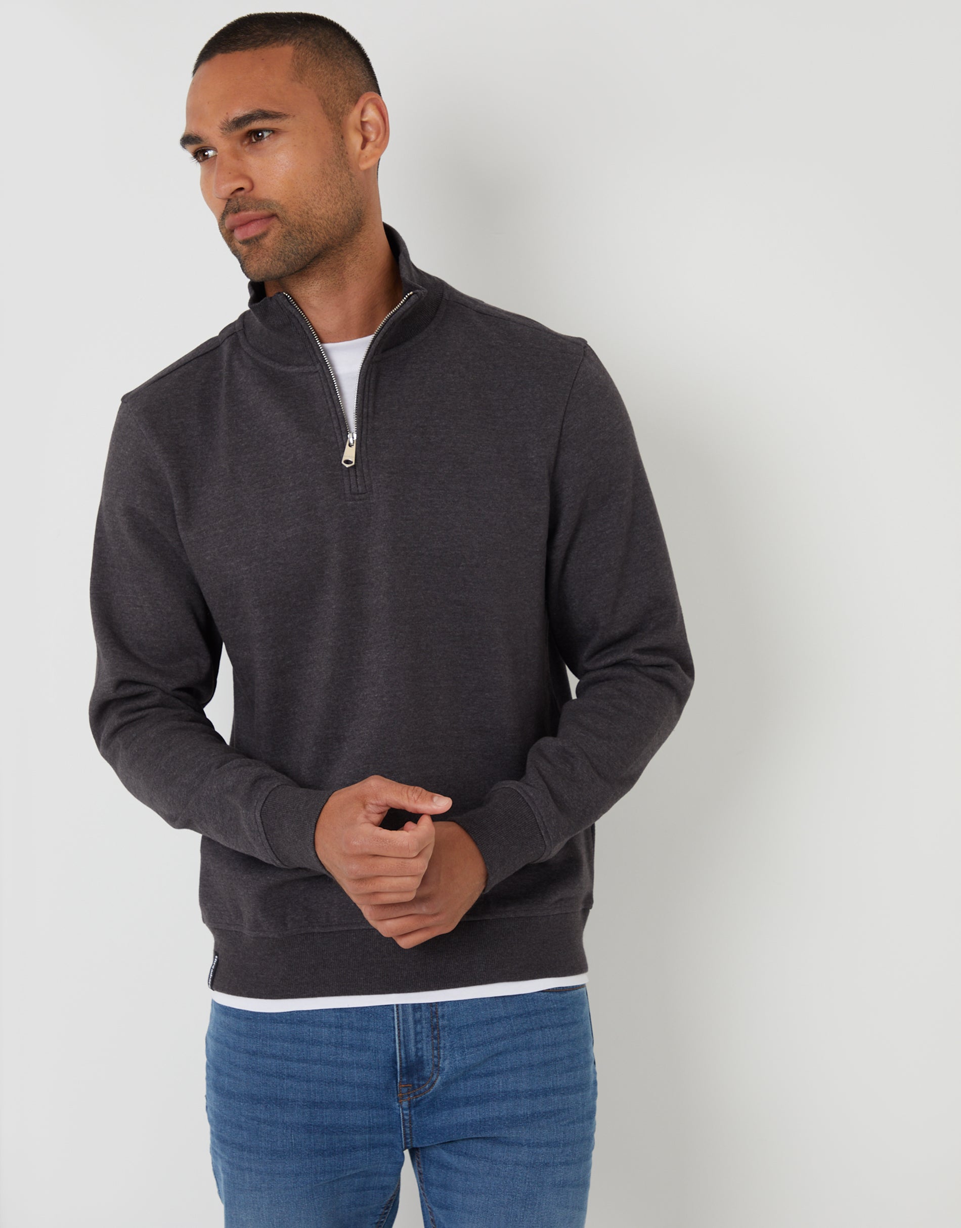 Threadbare Men's Charcoal Grey Mock T-Shirt Quarter Zip Sweatshirt