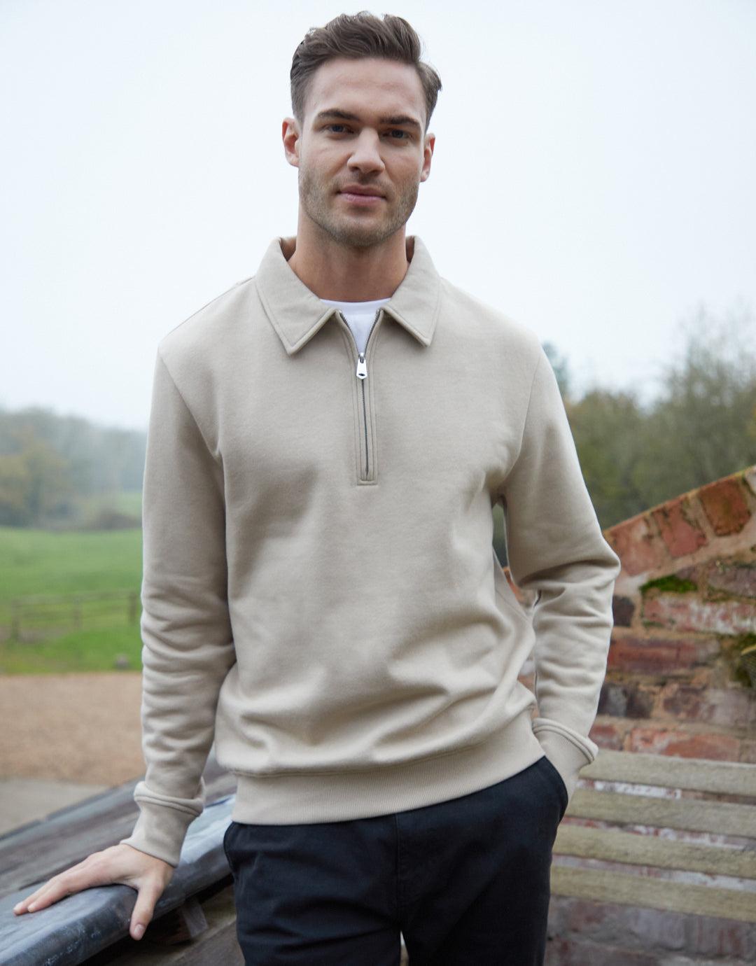 Threadbare Men's Stone Quarter Zip Collared Sweatshirt Threadbare Men's Stone Quarter Zip Collared Sweatshirt