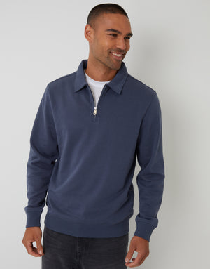 Denim Blue Quarter Zip Collared Sweatshirt