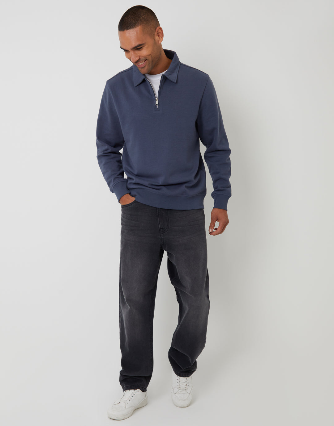 Denim Blue Quarter Zip Collared Sweatshirt
