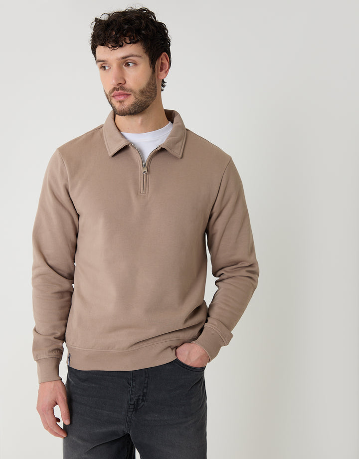 Taupe Quarter Zip Collared Sweatshirt