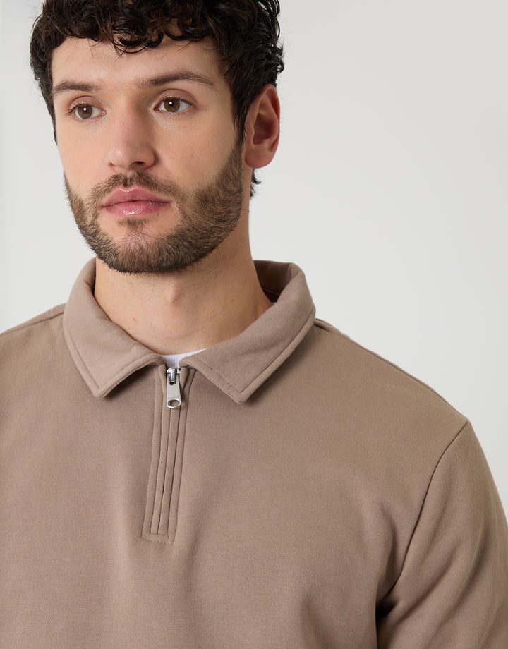 Taupe Quarter Zip Collared Sweatshirt