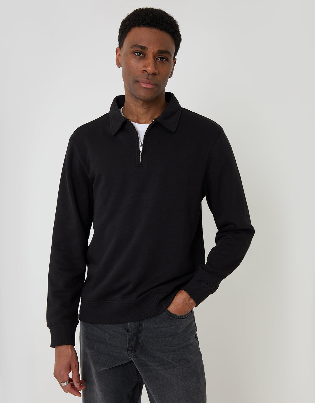 Threadbare Quarter Zip Collared Sweatshirt in Black - front view