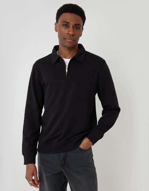 Threadbare Quarter Zip Collared Sweatshirt in Black - front view