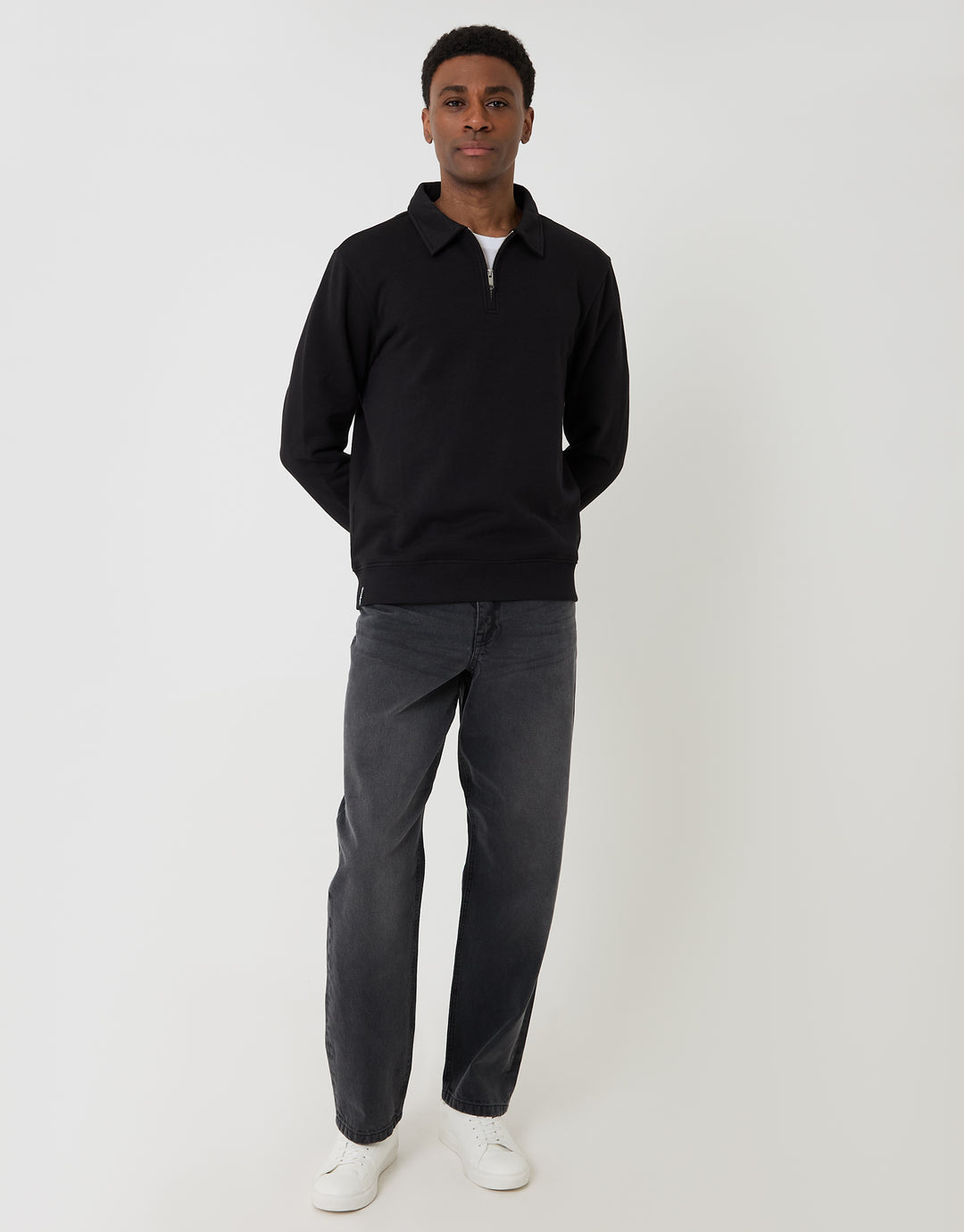 Threadbare Quarter Zip Collared Sweatshirt in Black - full body
