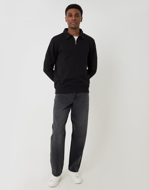 Threadbare Quarter Zip Collared Sweatshirt in Black - full body