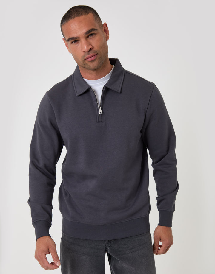 Threadbare Cotton Rich Quarter Zip Polo Sweatshirt in Charcoal - front view