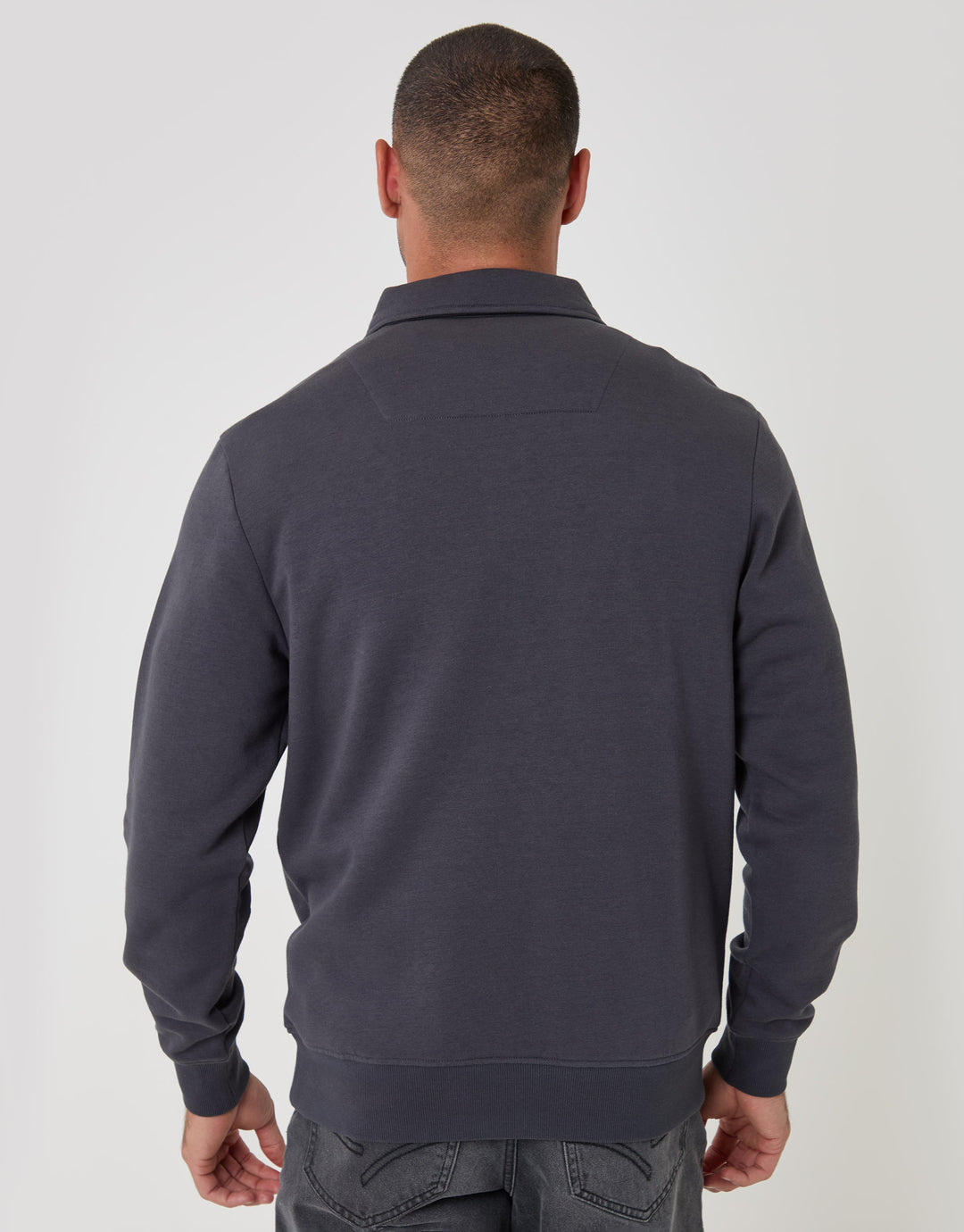 Threadbare Cotton Rich Quarter Zip Polo Sweatshirt in Charcoal - back view