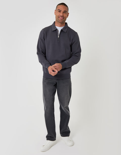 Threadbare Cotton Rich Quarter Zip Polo Sweatshirt in Charcoal - full body