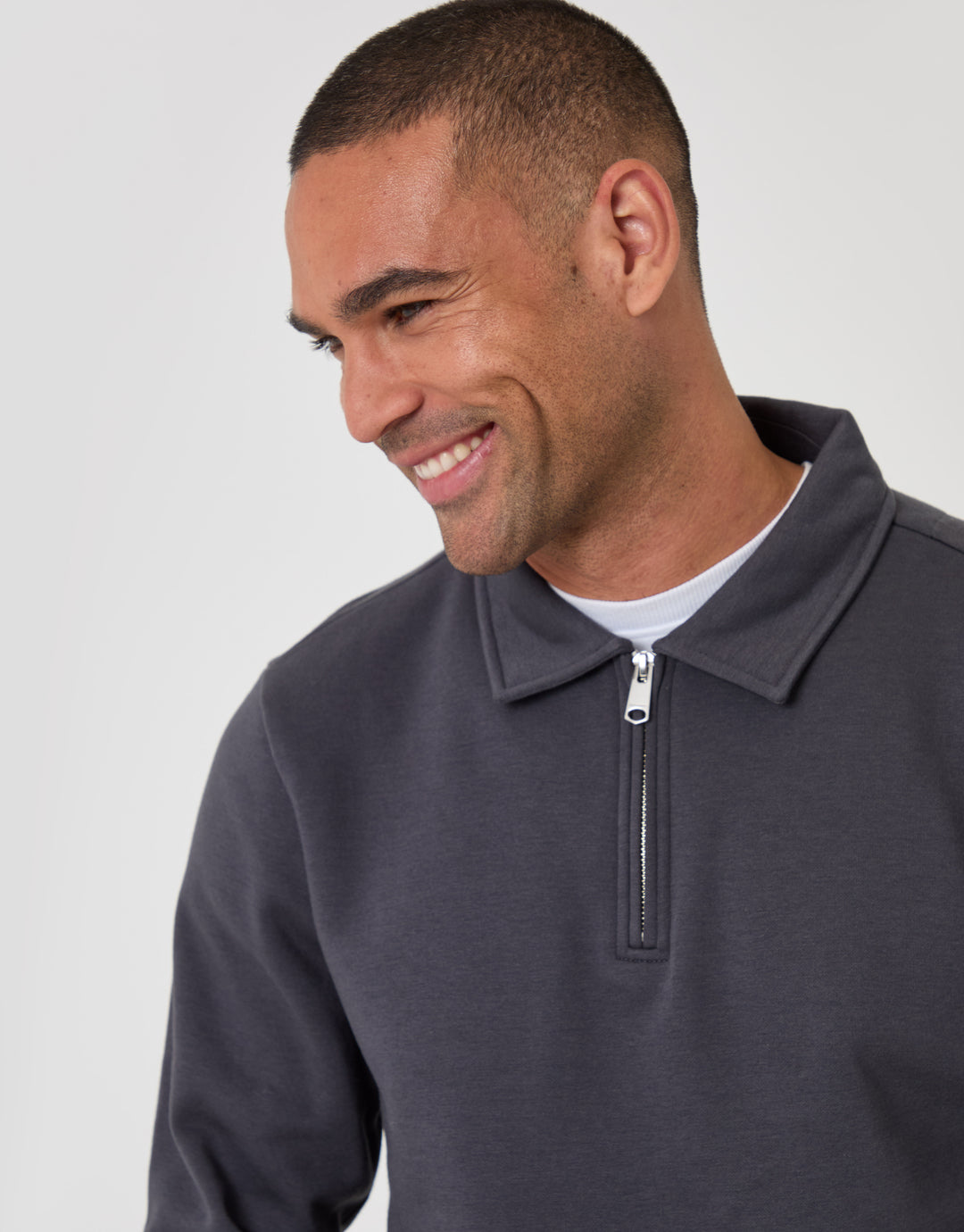 Threadbare Cotton Rich Quarter Zip Polo Sweatshirt in Charcoal - close up