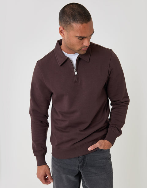 Threadbare Cotton Rich Quarter Zip Polo Sweatshirt in Chocolate Brown - front view