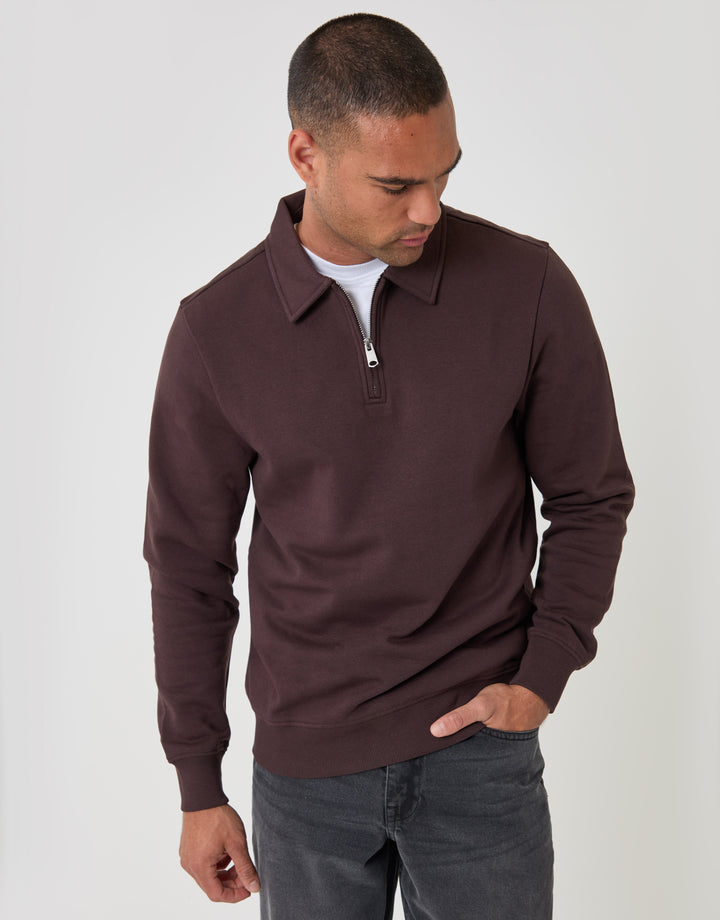 Threadbare Cotton Rich Quarter Zip Polo Sweatshirt in Chocolate Brown - front view
