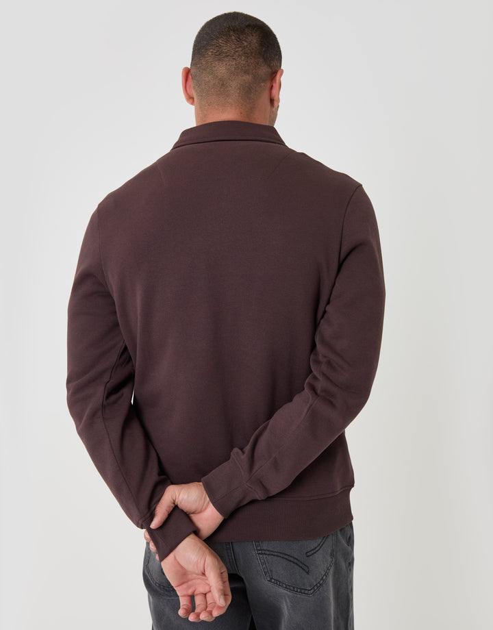 Threadbare Cotton Rich Quarter Zip Polo Sweatshirt in Chocolate Brown - back view