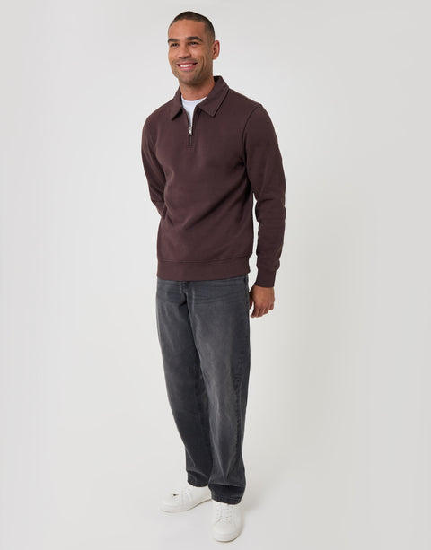 Threadbare Cotton Rich Quarter Zip Polo Sweatshirt in Chocolate Brown - full body