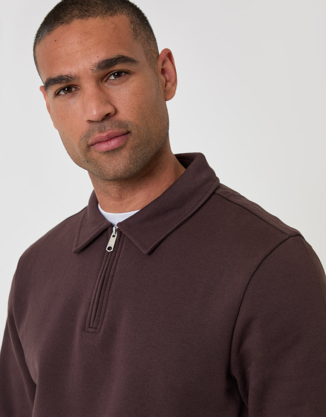 Threadbare Cotton Rich Quarter Zip Polo Sweatshirt in Chocolate Brown - close up