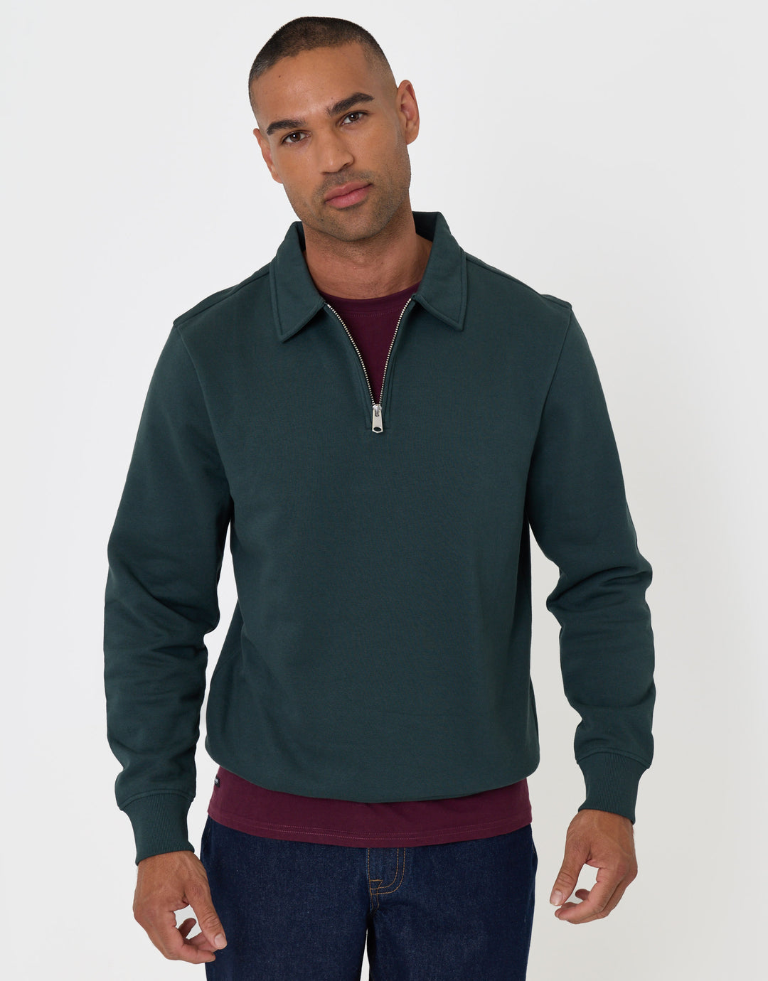 Threadbare Cotton Rich Quarter Zip Polo Sweatshirt in Forest Green -  front view