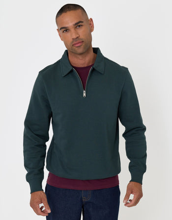 Threadbare Cotton Rich Quarter Zip Polo Sweatshirt in Forest Green -  front view