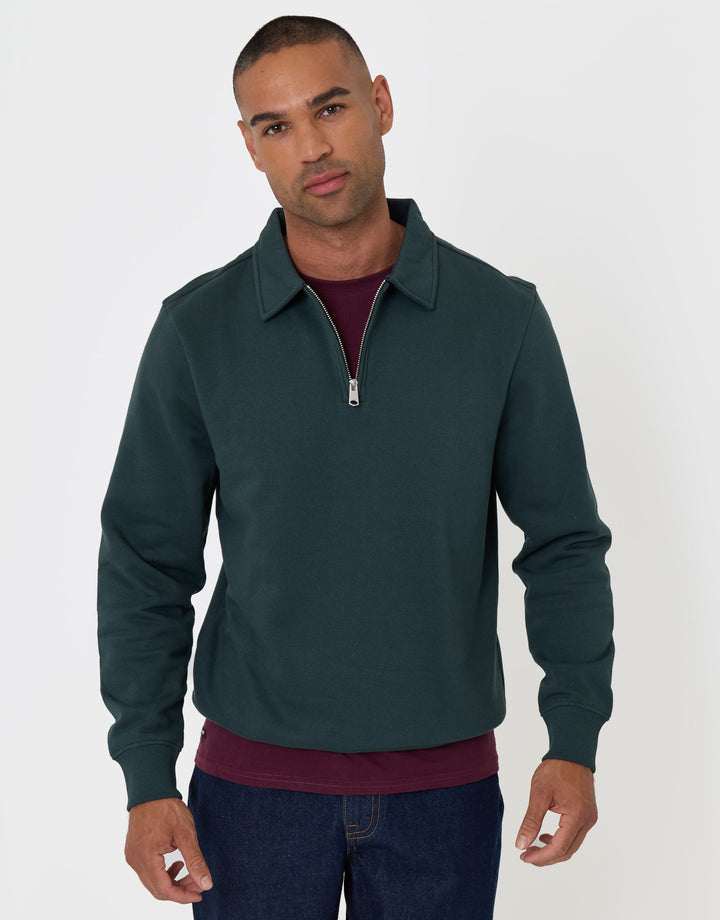 Threadbare Cotton Rich Quarter Zip Polo Sweatshirt in Forest Green -  front view