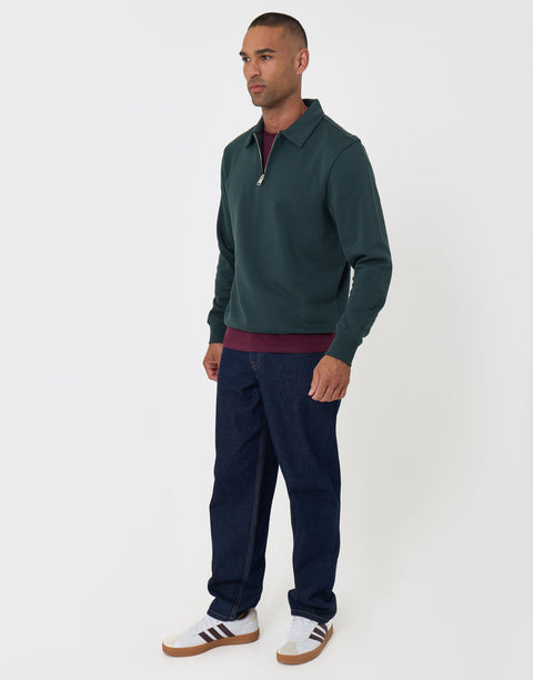 Threadbare Cotton Rich Quarter Zip Polo Sweatshirt in Forest Green -  full body