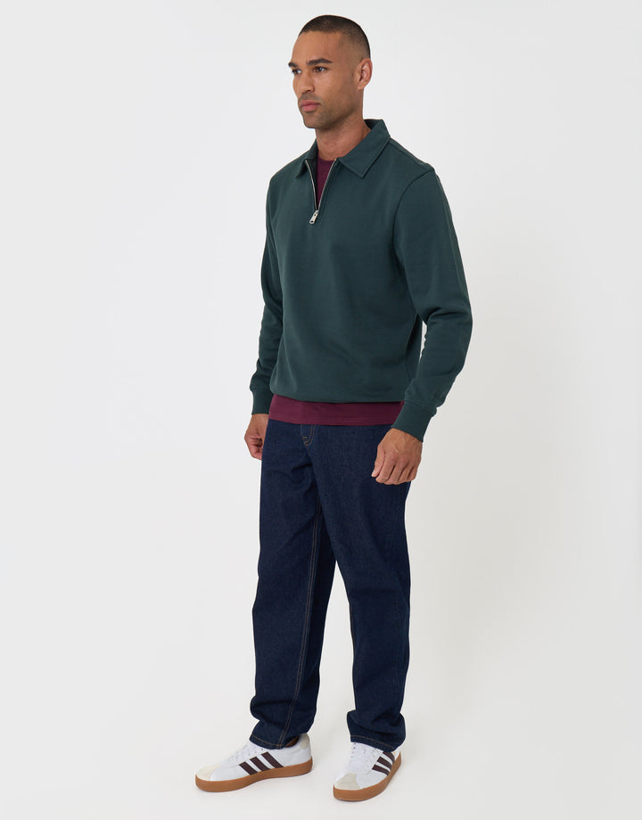Threadbare Cotton Rich Quarter Zip Polo Sweatshirt in Forest Green -  full body