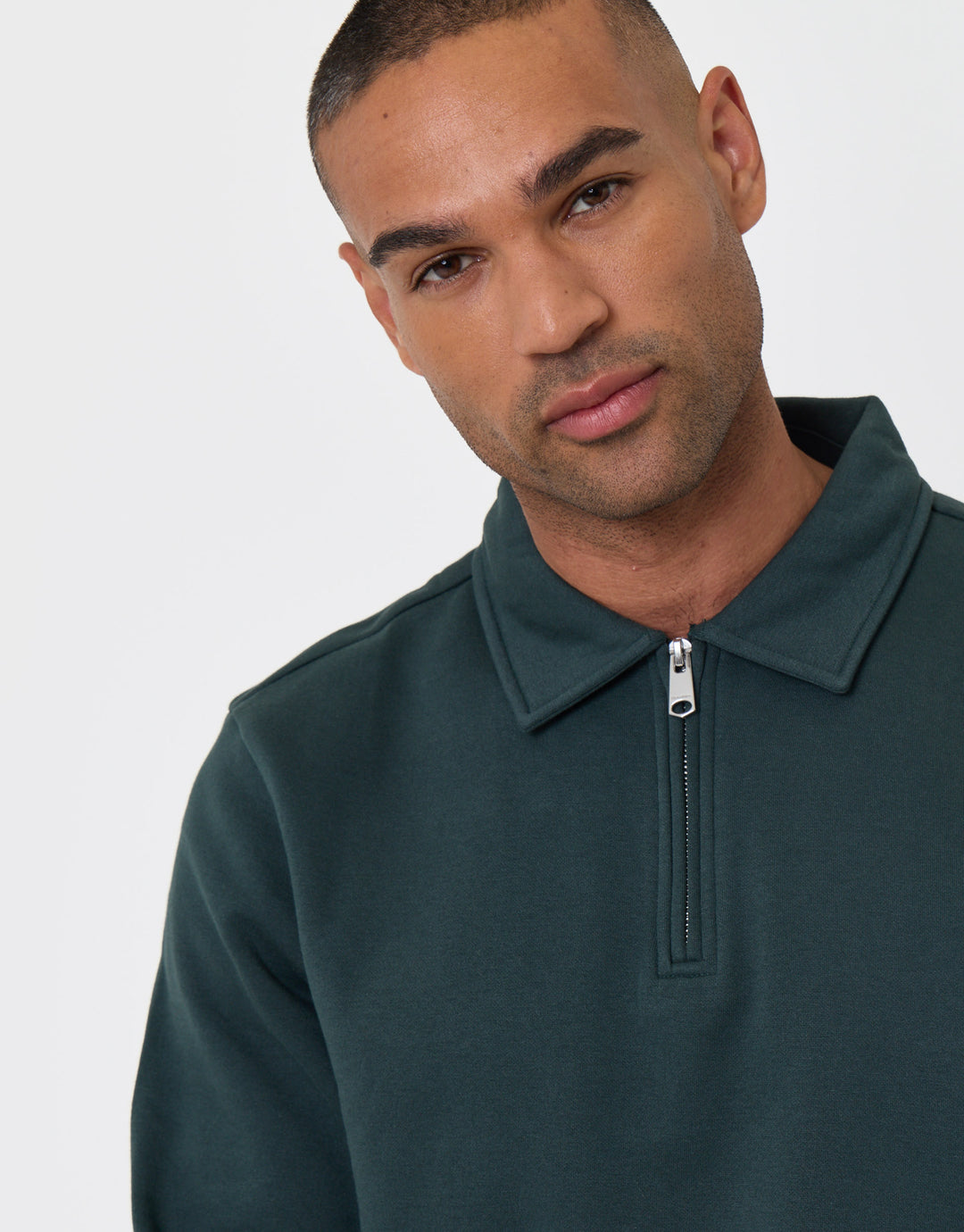 Threadbare Cotton Rich Quarter Zip Polo Sweatshirt in Forest Green -  close up