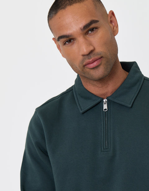 Threadbare Cotton Rich Quarter Zip Polo Sweatshirt in Forest Green -  close up